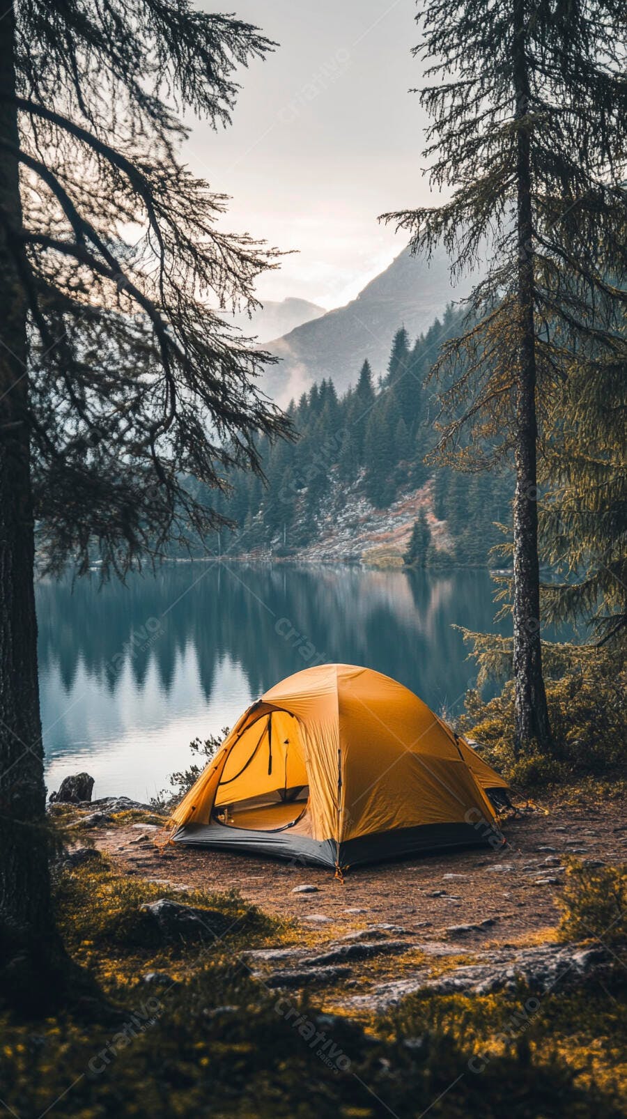 Barraca de camping amarela à beira do lago nas montanhas ao amanhecer