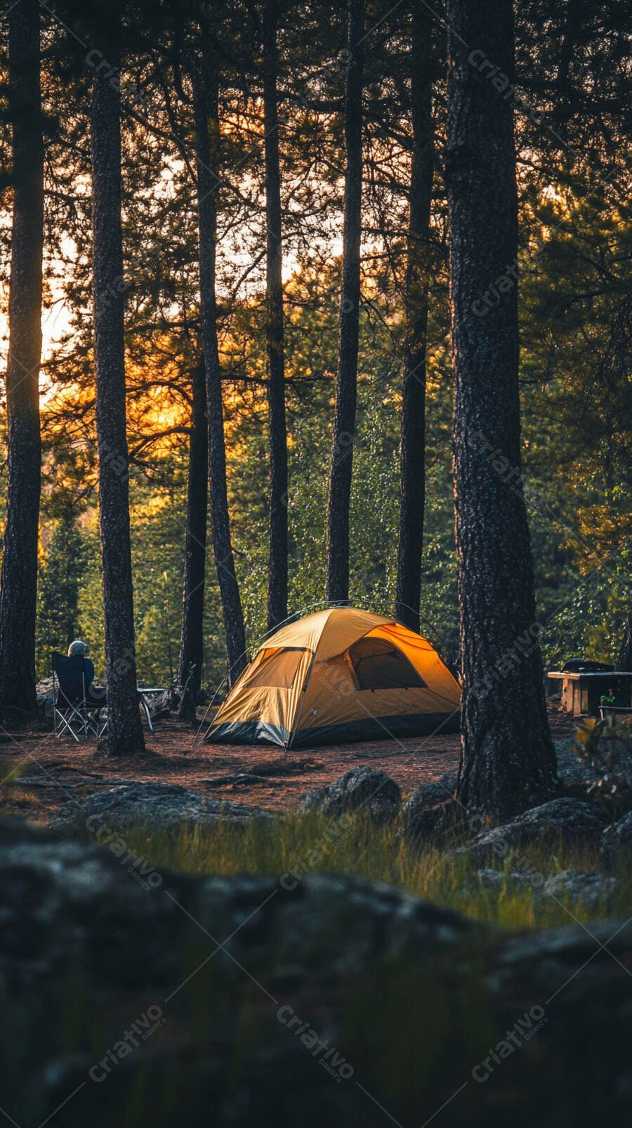 Barraca de camping amarela em floresta de pinheiros com homem ao amanhecer