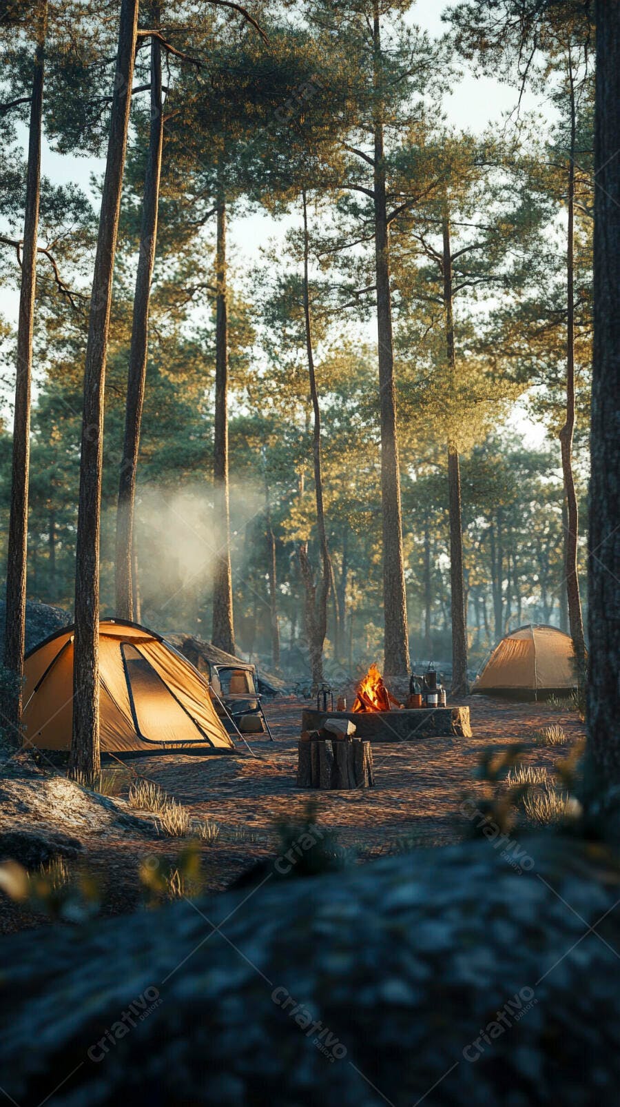 Barracas de camping e fogueira acesa em floresta de pinheiros ao entardecer