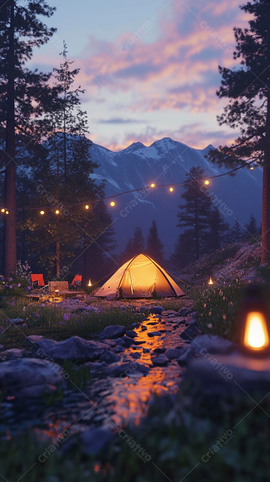 Barraca de camping iluminada em floresta montanhosa ao anoitecer