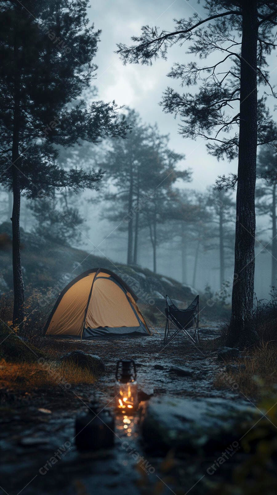 Barraca de camping laranja iluminada em floresta enevoada com lanterna acesa