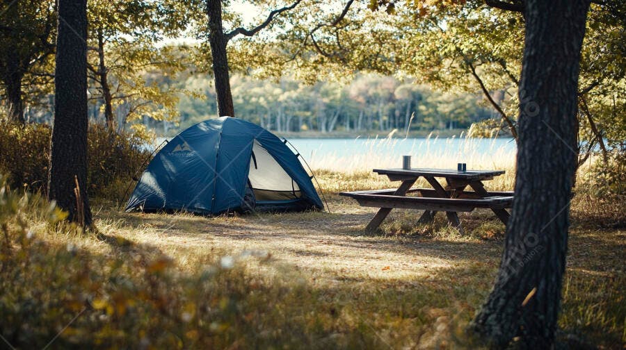 Barraca de camping azul e mesa de madeira à beira do lago em floresta ensolarada