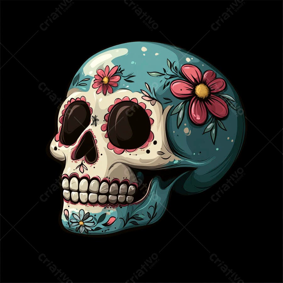 Calavera mexicana decorada com flores rosa e azul turquesa vibrantes em fundo preto