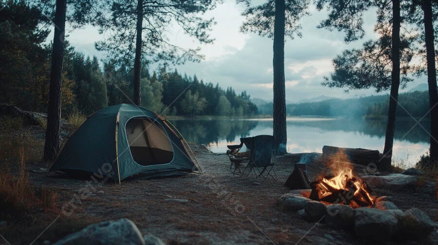 Barraca de acampamento e fogueira acesa à beira do lago ao amanhecer
