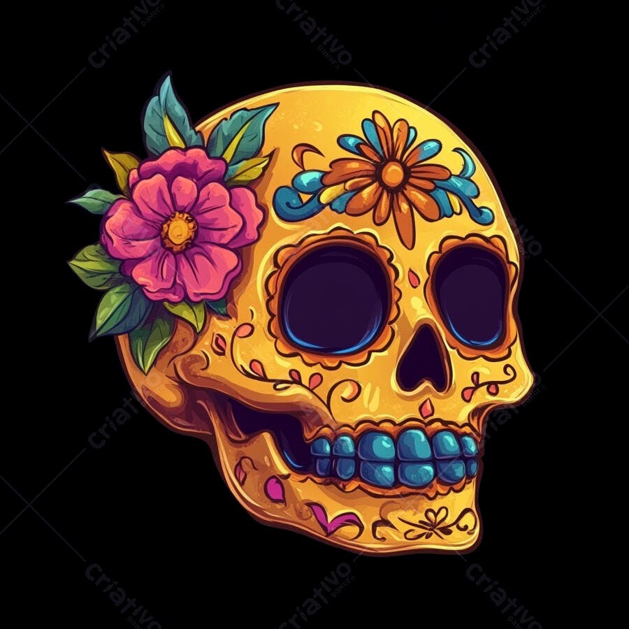 Caveira mexicana colorida com flores vibrantes e padrões artísticos