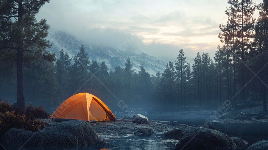 Tenda laranja iluminada acampando ao amanhecer em floresta com montanhas nevadas