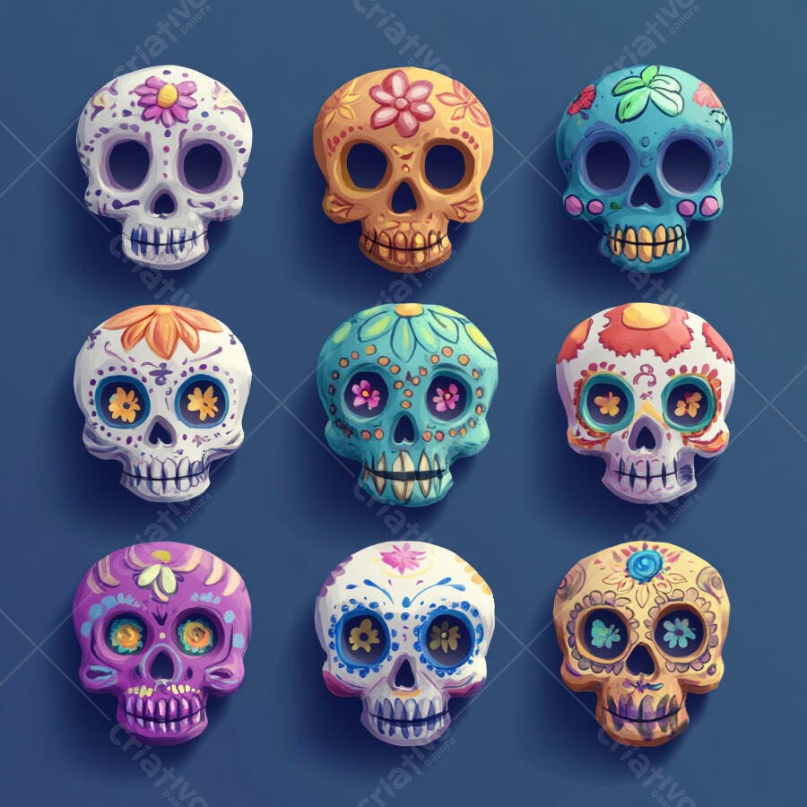 Caveiras de açúcar coloridas decorações do Dia dos Mortos em fundo azul