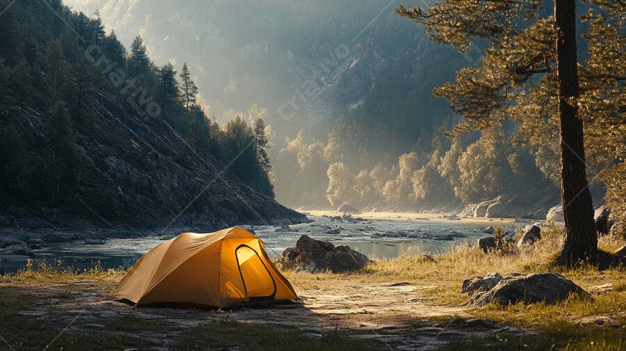 Barraca de camping amarela iluminada no vale do rio ao amanhecer