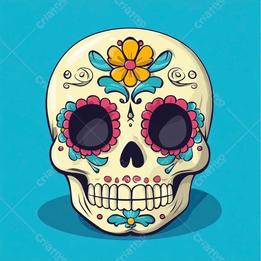 Caveira mexicana decorada com flores e cores vibrantes para o Dia de Muertos