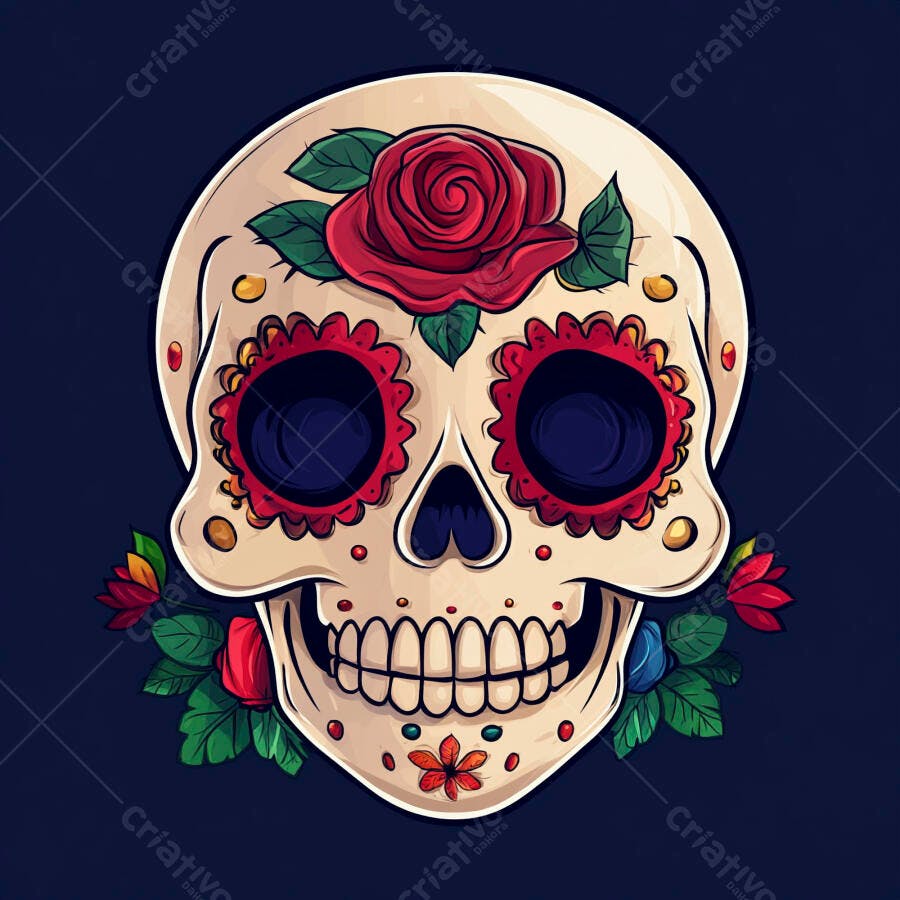Caveira mexicana decorada com rosas vermelhas e flores coloridas em fundo escuro