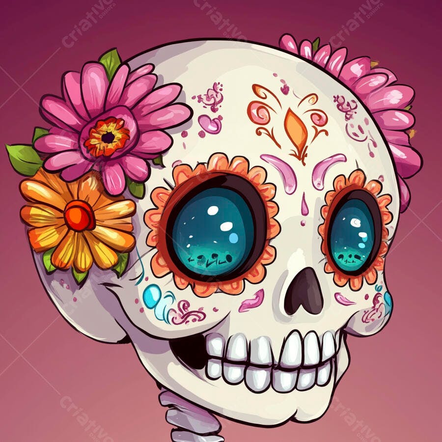 Calavera mexicana colorida com flores vibrantes para Dia de los Muertos