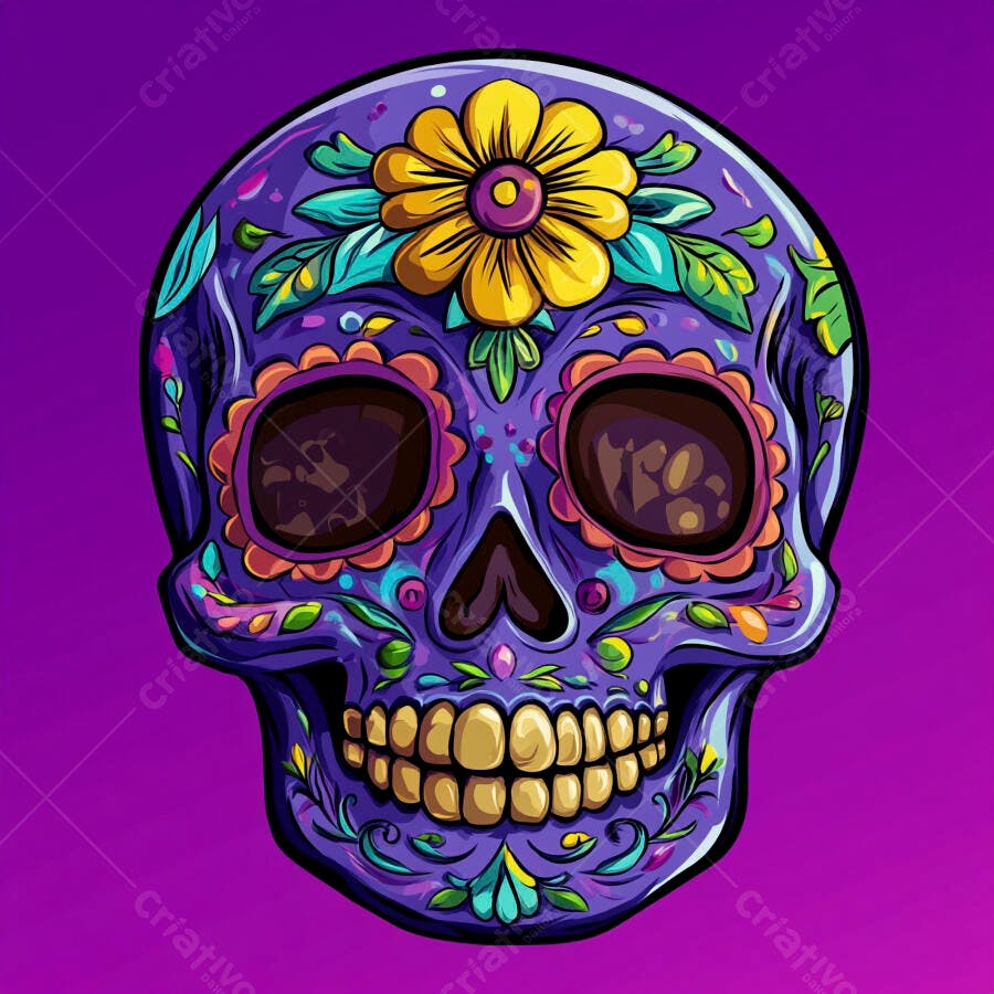 Crânio roxo decorado com flores amarelas para o Dia dos Mortos festa mexicana