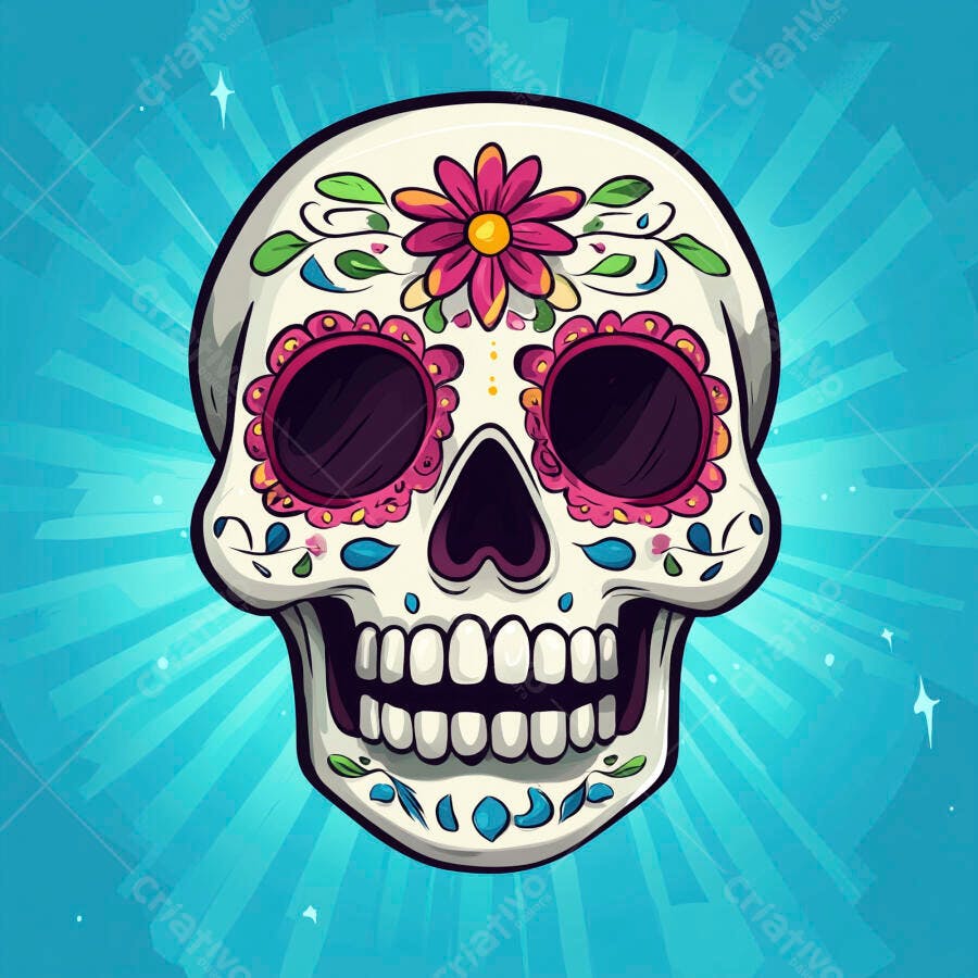 Caveira mexicana decorada com flores rosa e folhas verdes em fundo azul vibrante