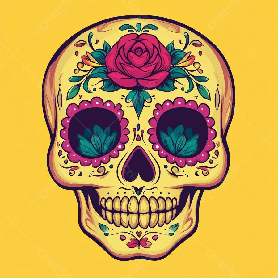 Calavera Mexicana decorada com rosa pink e flores em fundo amarelo