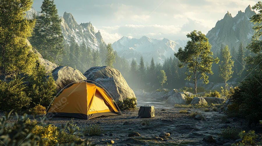 Tenda laranja de camping ao lado de rio com montanhas e floresta ao amanhecer