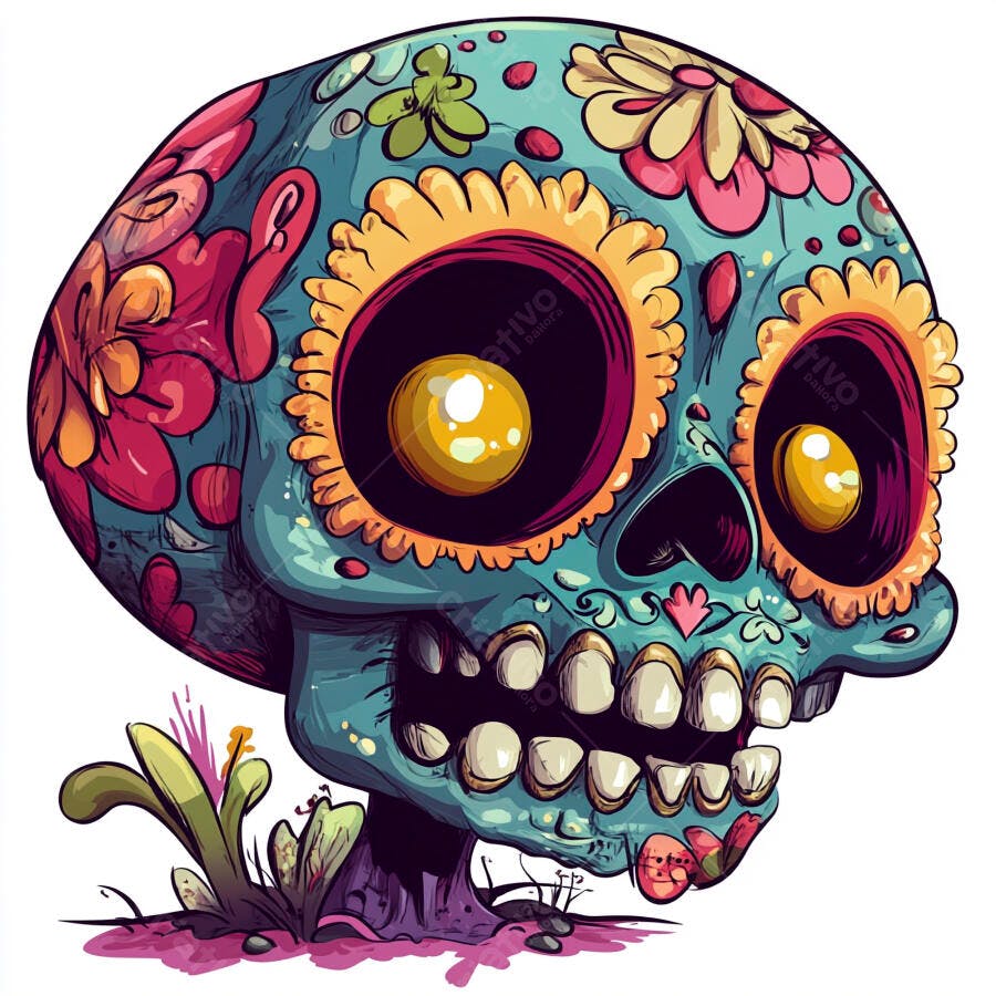 Crânio de açúcar vibrante com decoração floral para Dia de Muertos