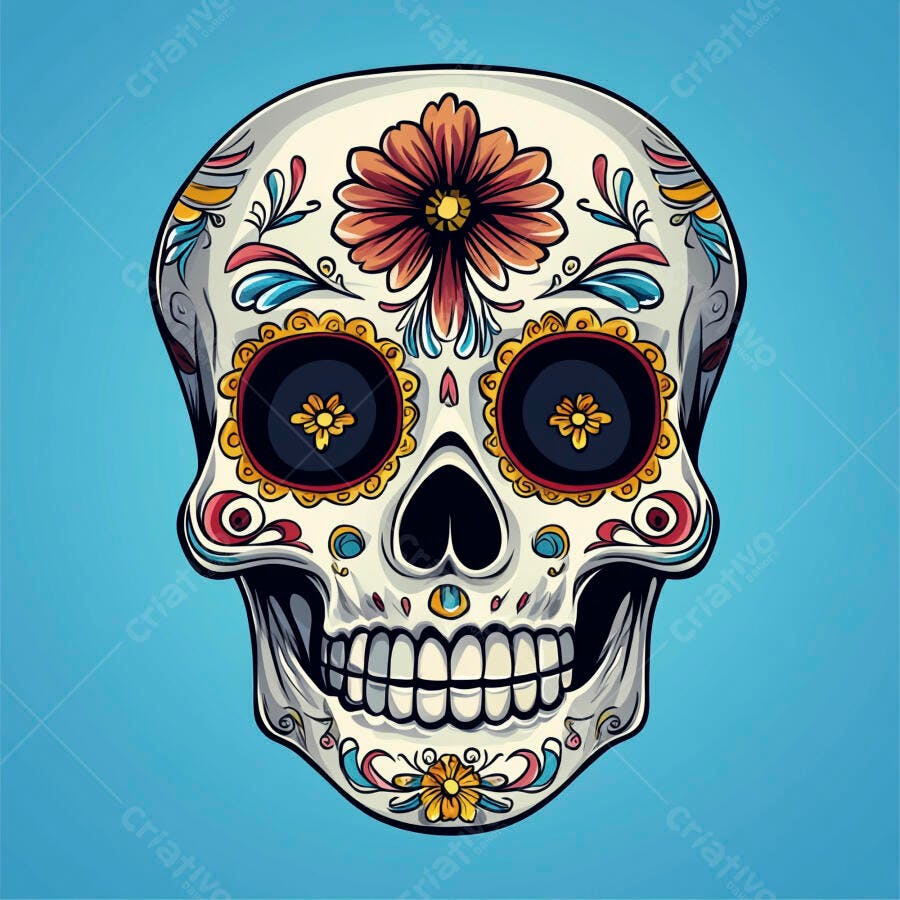 Caveira mexicana colorida com flores e detalhes intrincados para Dia de Los Muertos