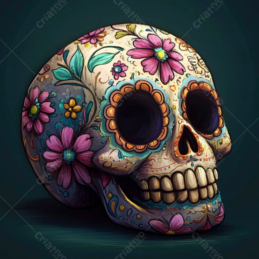 Caveira de açúcar colorida com flores ornamentadas para o Dia de los Muertos