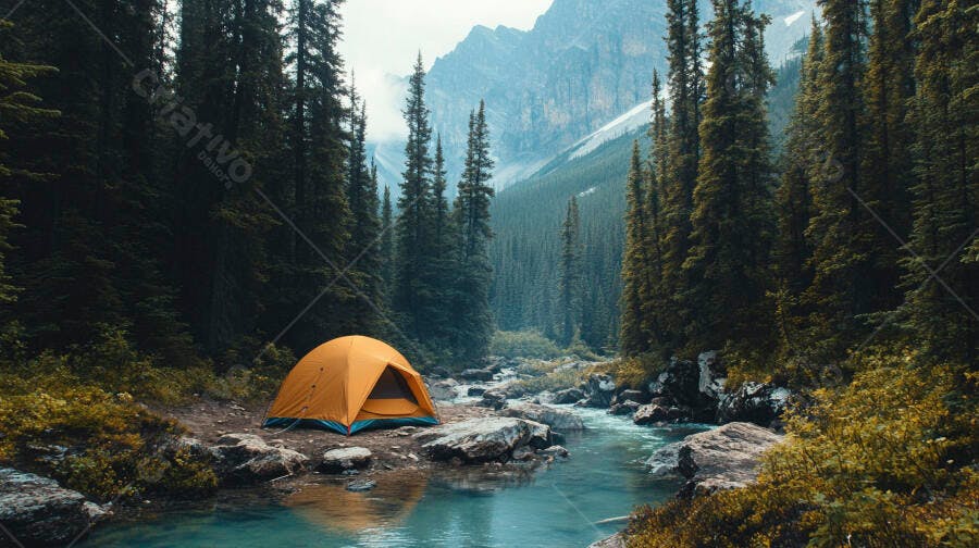 Barraca laranja de camping em floresta montanhosa com rio cristalino