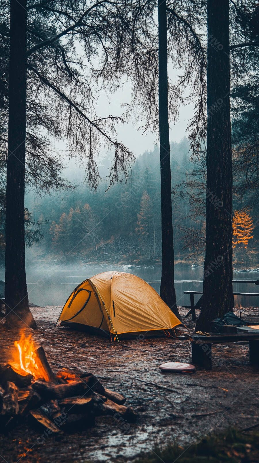 Tenda amarela de camping e fogueira em floresta nebulosa à beira do lago