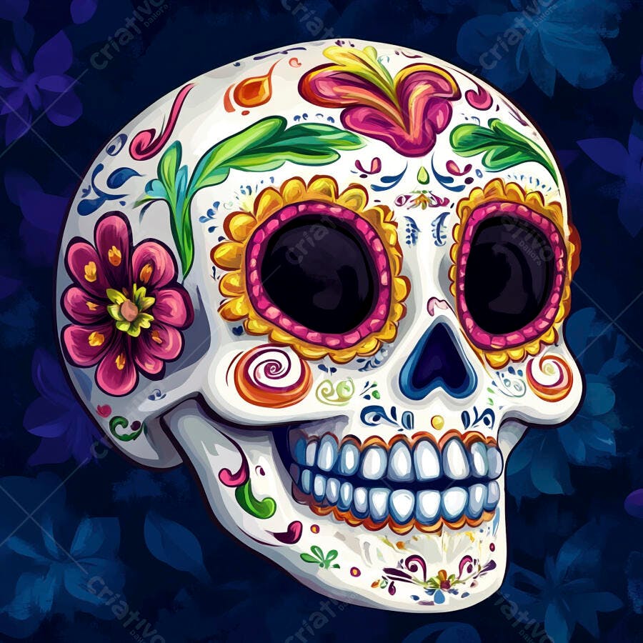Caveira de açúcar mexicana colorida Dia dos Mortos em fundo azul