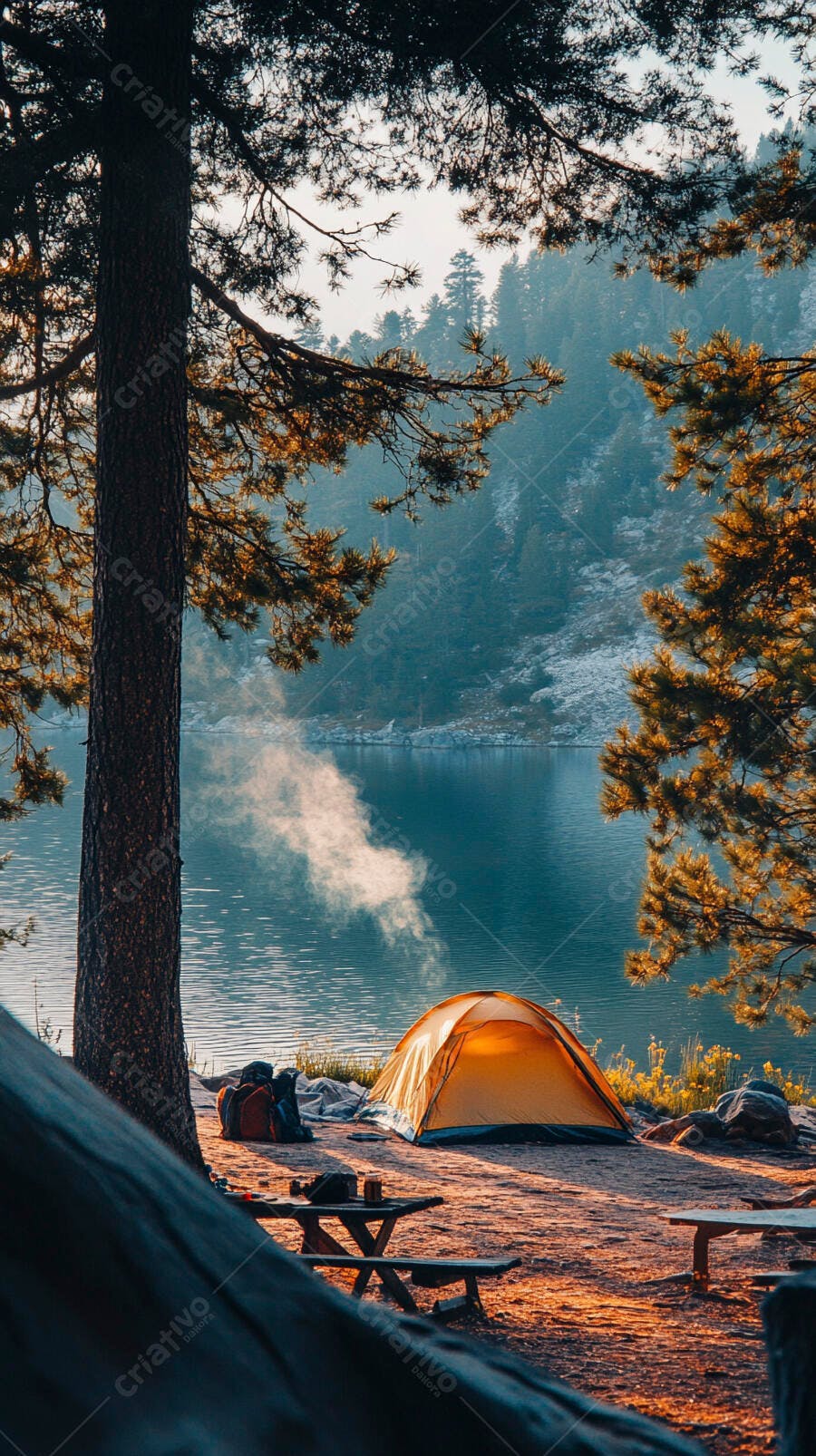 Barraca de camping laranja à beira de lago com montanhas e fumaça no amanhecer