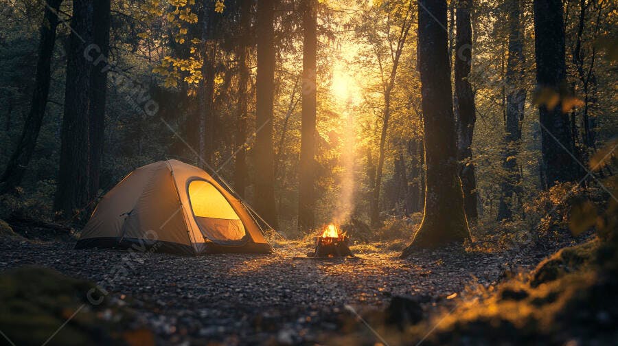 Barraca de camping e fogueira na floresta iluminada pelo sol da manhã dourado