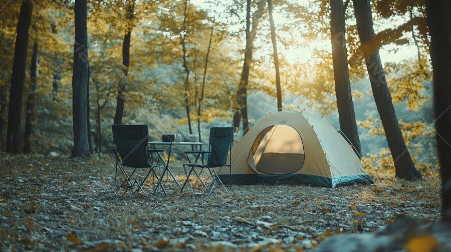Acampamento tranquilo com barraca bege na floresta ensolarada de outono
