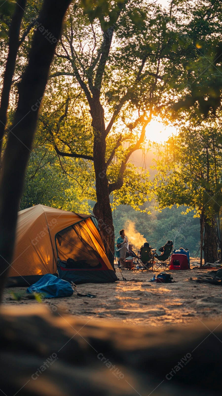Grupo de amigos acampando na floresta ao pôr do sol dourado