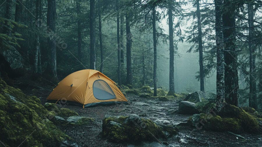 Tenda de acampamento laranja em floresta densa e nebulosa com musgo