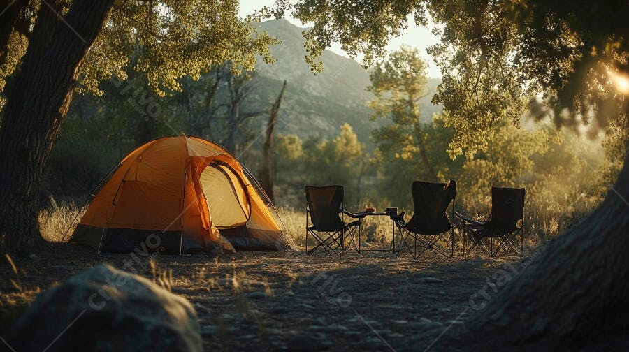 Barraca de camping laranja e cadeiras na floresta ao amanhecer