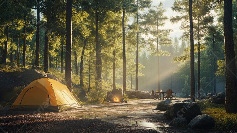 Barraca amarela em acampamento na floresta com raios de sol ao amanhecer