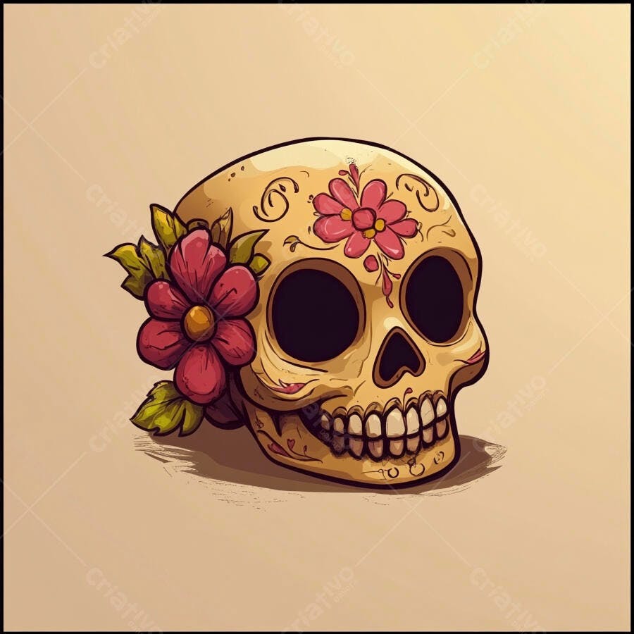 Caveira mexicana decorada com flores rosa Dia de los Muertos
