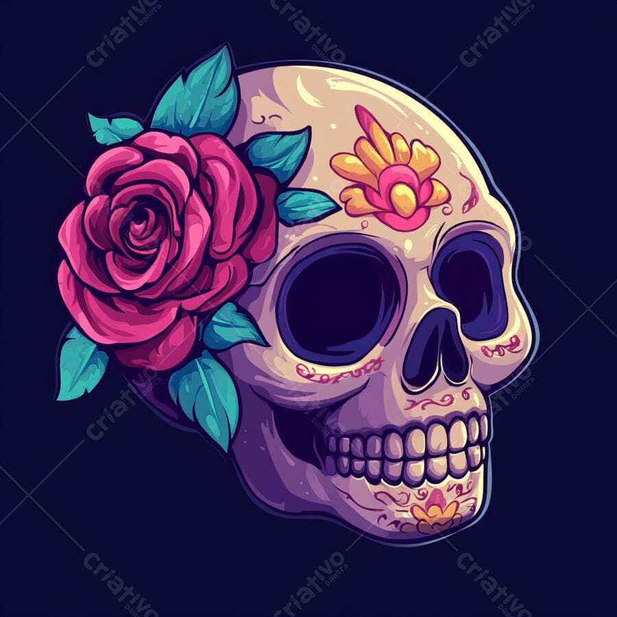 Caveira mexicana Calavera com rosa pink e ornamentos florais