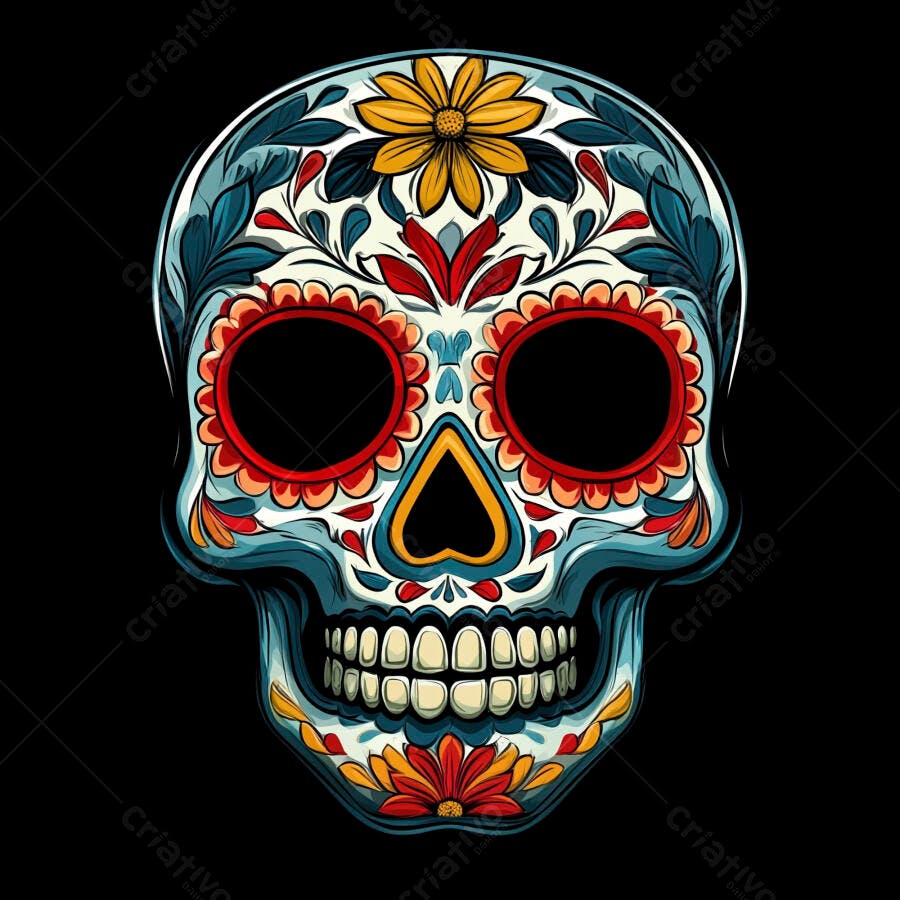 Calavera mexicana colorida com flores vibrantes para o Dia dos Mortos