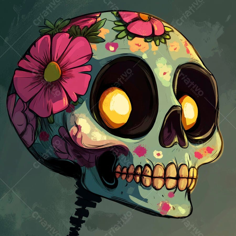Calavera colorida com flores vibrantes e olhos brilhantes Dia de los Muertos