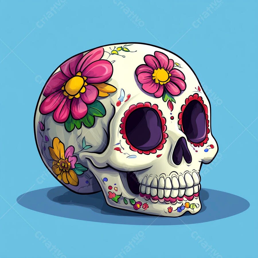 Calavera mexicana decorada com flores coloridas em fundo azul