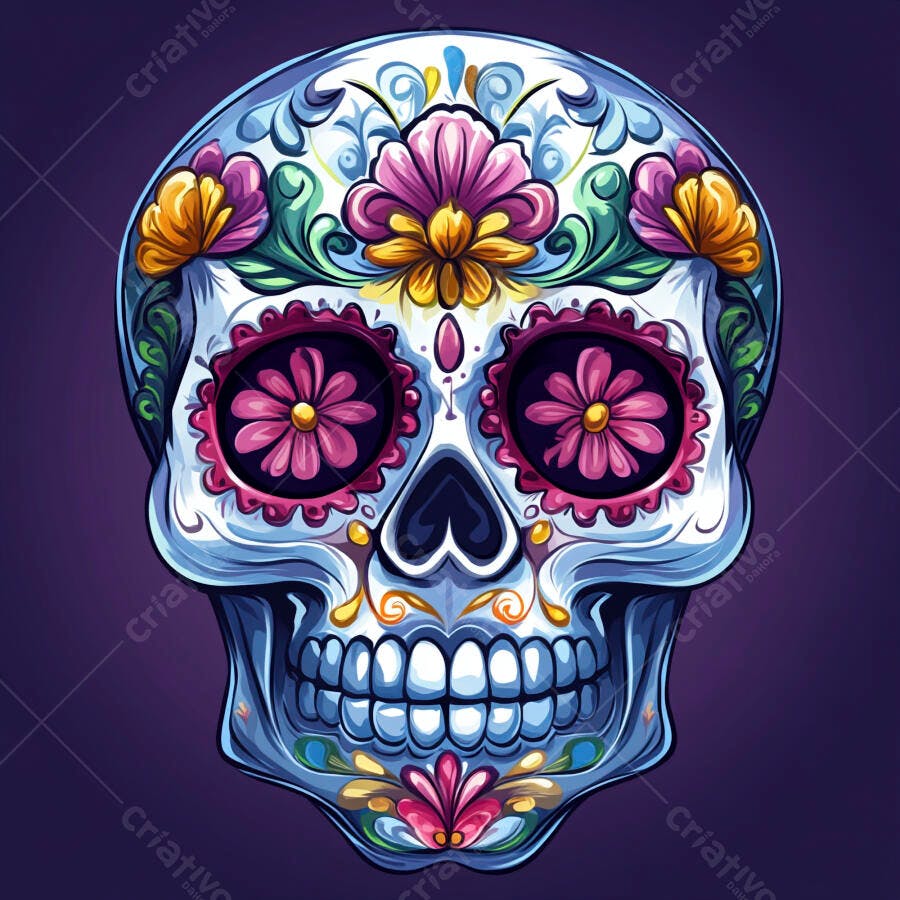 Calavera colorida com flores vibrantes para o Dia de Muertos