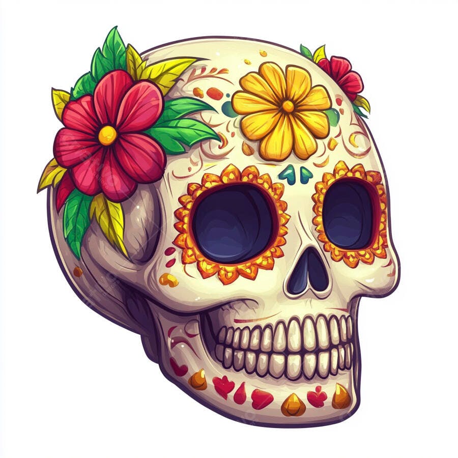 Calavera de açúcar decorada com flores e cores vibrantes para o Dia dos Mortos