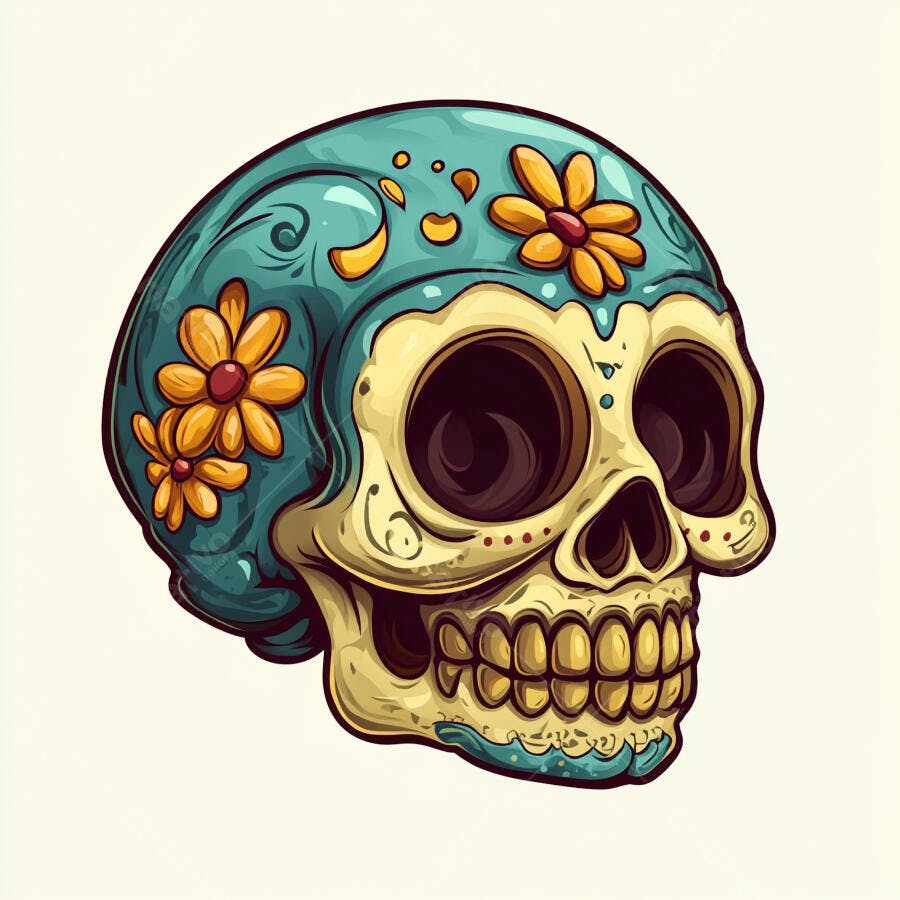 Crânio decorado Dia de los Muertos azul turquesa e amarelo com flores