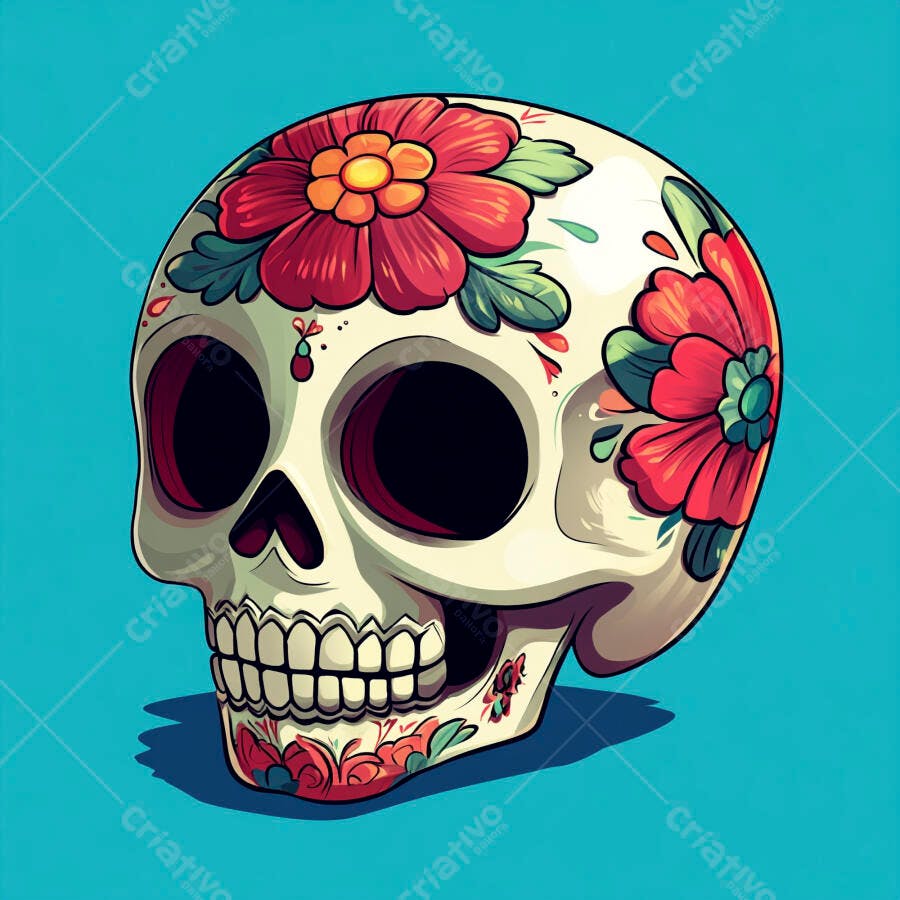 Caveira mexicana colorida com flores vermelhas em fundo azul para o Dia dos Mortos