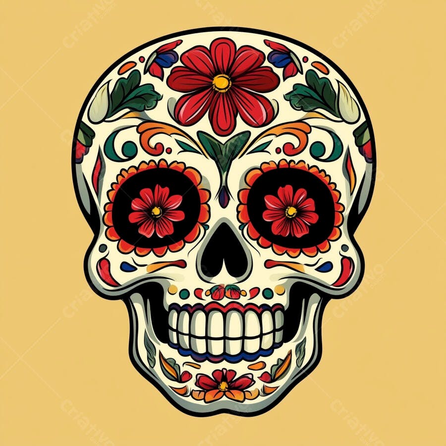 Caveira Mexicana Calavera com flores vermelhas e folhagens coloridas fundo amarelo