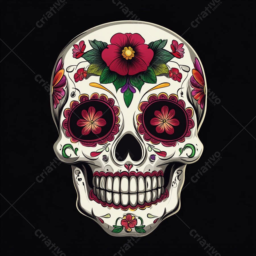 Caveira de açúcar decorada com flores vermelhas ilustração Dia dos Mortos vibrante