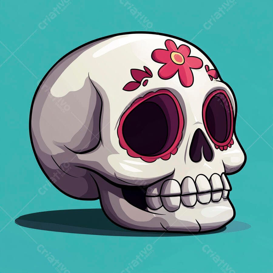 Calavera de açúcar branca com flor rosa para Dia dos Mortos em fundo azul turquesa