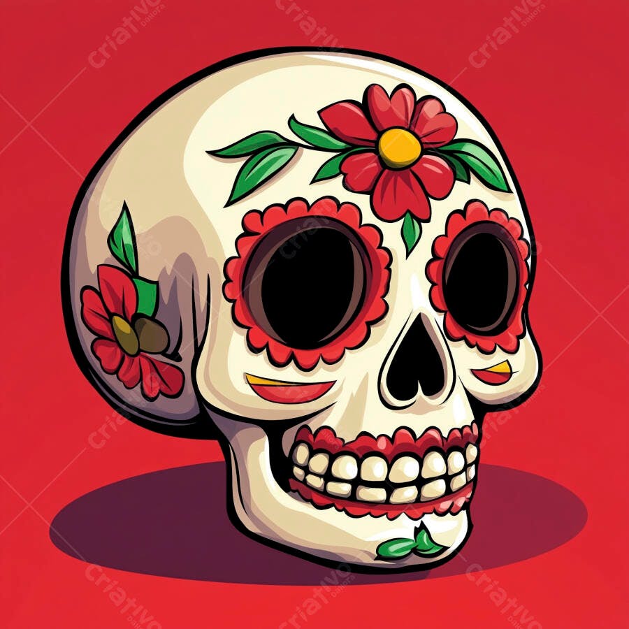 Calavera mexicana decorada com flores vermelhas em fundo vibrante Dia dos Mortos
