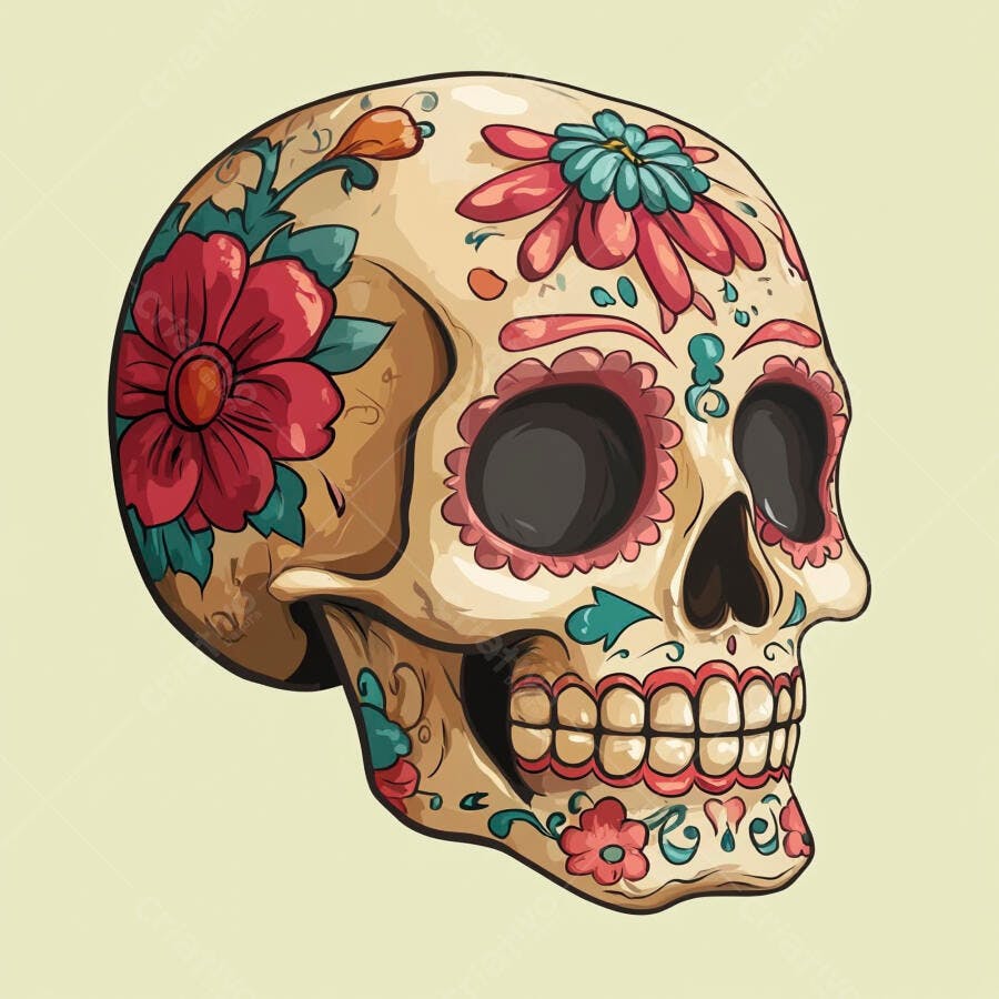 Crânio de açúcar colorido com flores vibrantes para o Dia dos Mortos
