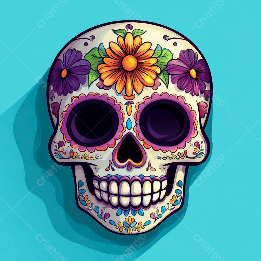 Calavera mexicana decorada com flores coloridas vibrantes para celebração do Dia de Muertos