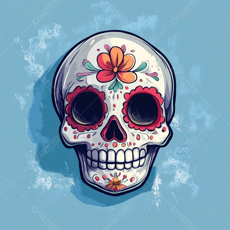 Calavera mexicana decorada com flores coloridas em fundo azul Dia de Muertos