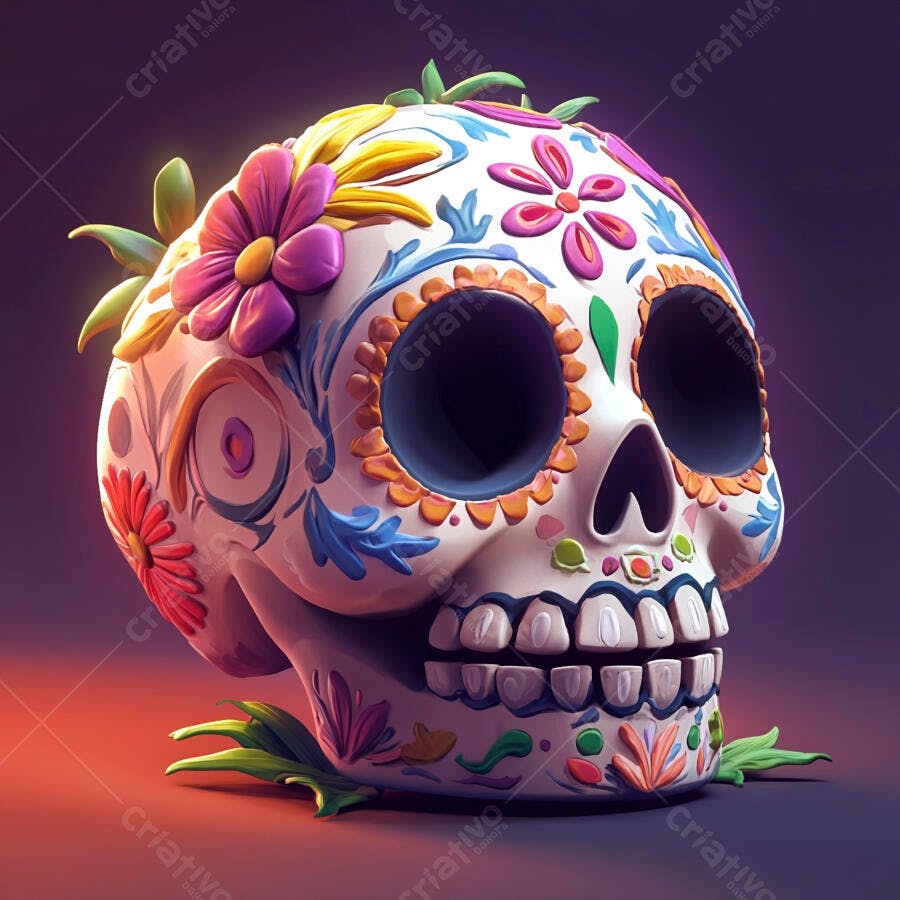 Calavera mexicana 3D decorada com flores vibrantes Dia de los Muertos