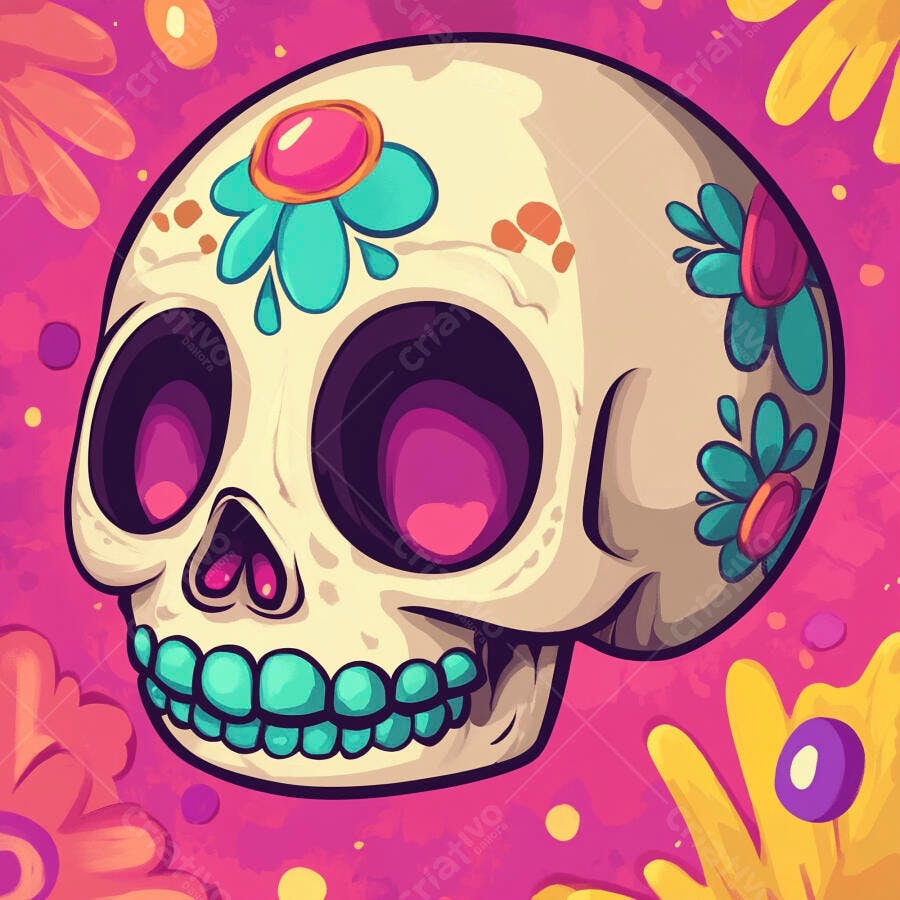 Calavera de açúcar colorida com flores vibrantes e fundo rosa Dia dos Mortos